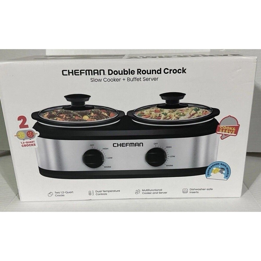 NEW Chefman Double SlowCooker & Buffet Server 2x1.25 Quart Removable Oval Crocks